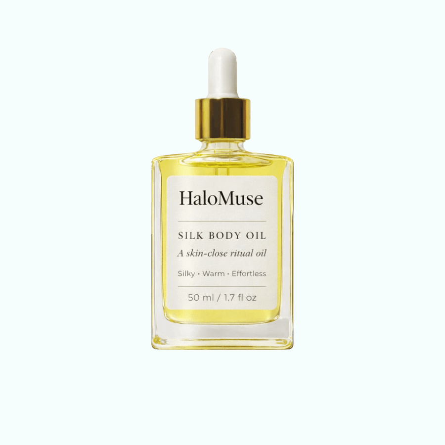 HaloMuse Silk Body Oil bottle on a white background