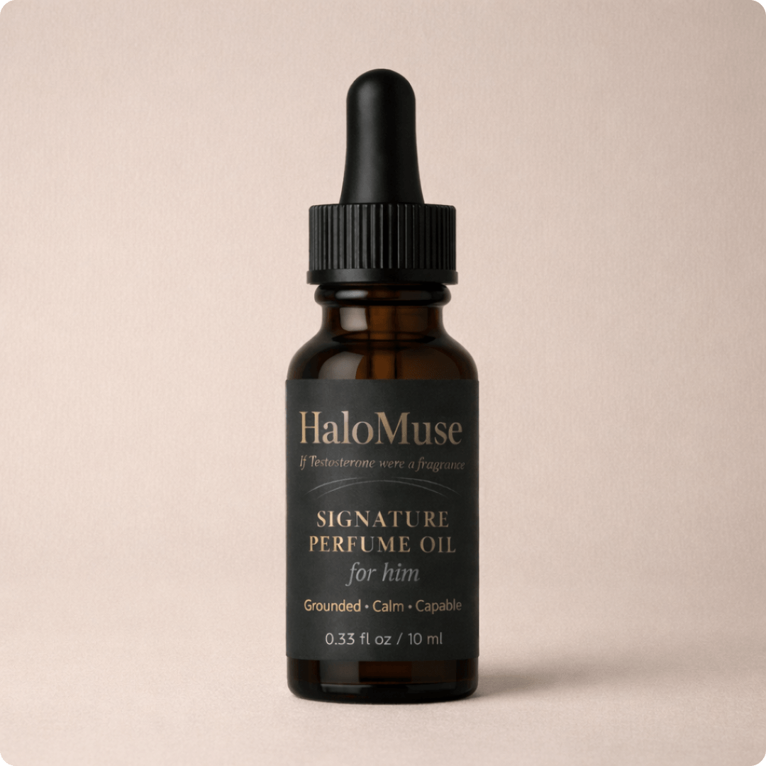 HaloMuse perfume oil for her bottle on a beige background