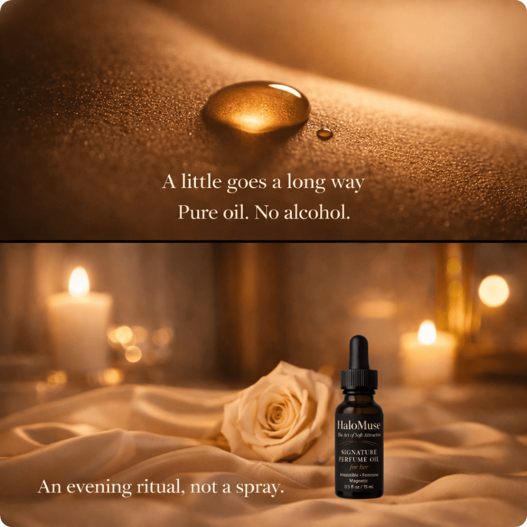 HaloMuse perfume oil for her bottle with a rose and candles in a warm glow.