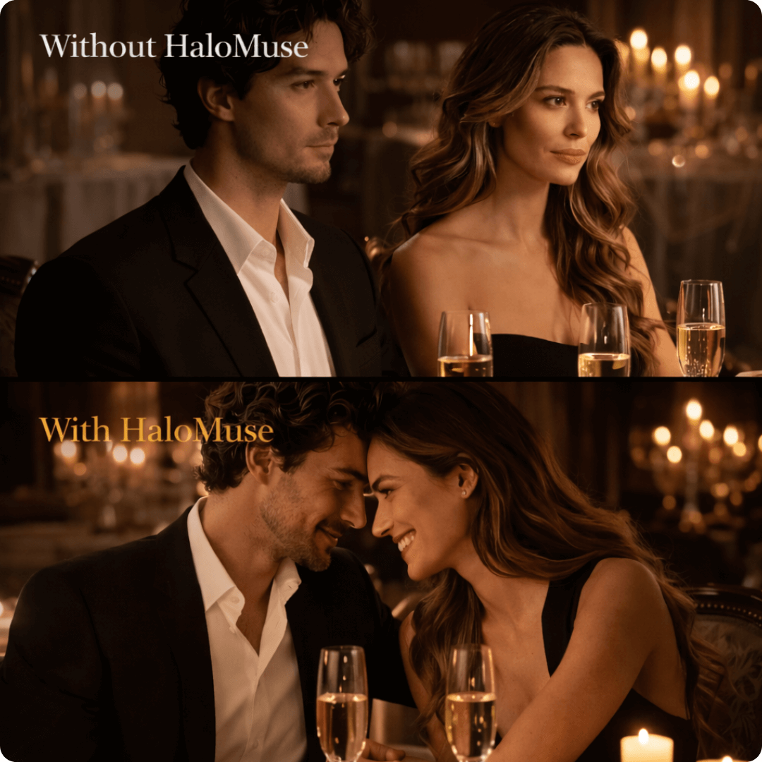 Before and after comparison of a couple at a formal event with HaloMuse enhancement.