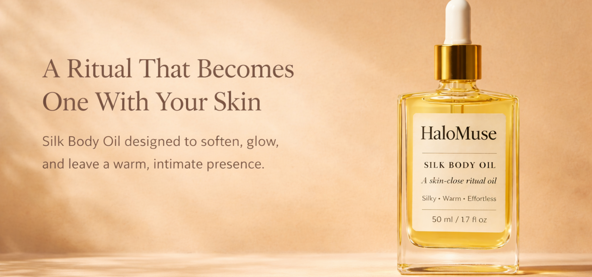 HaloMuse Silk body oil bottle on a beige background with text about the product.