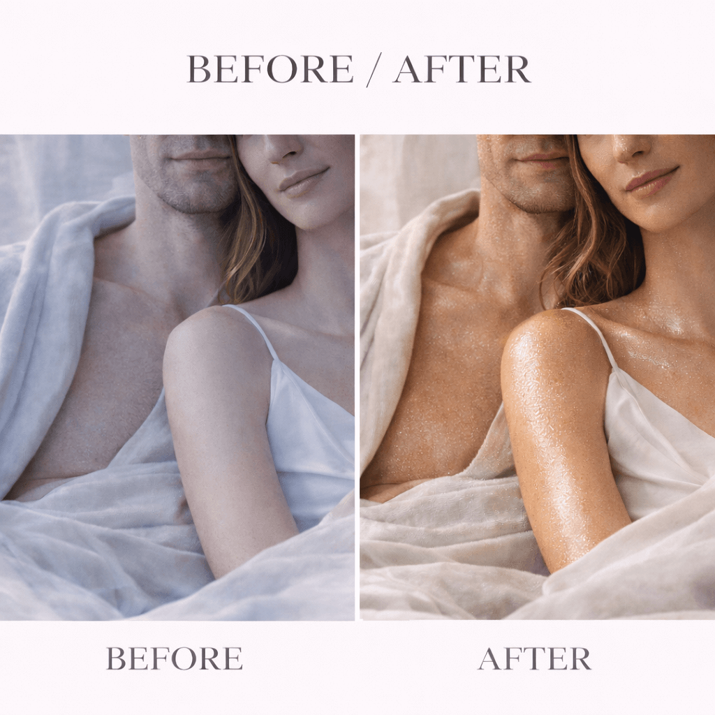 Before and after use Silk Body Oil comparison of a couple in bed with visible skin texture differences.