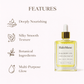 Silk body oil bottle with features listed on a white background