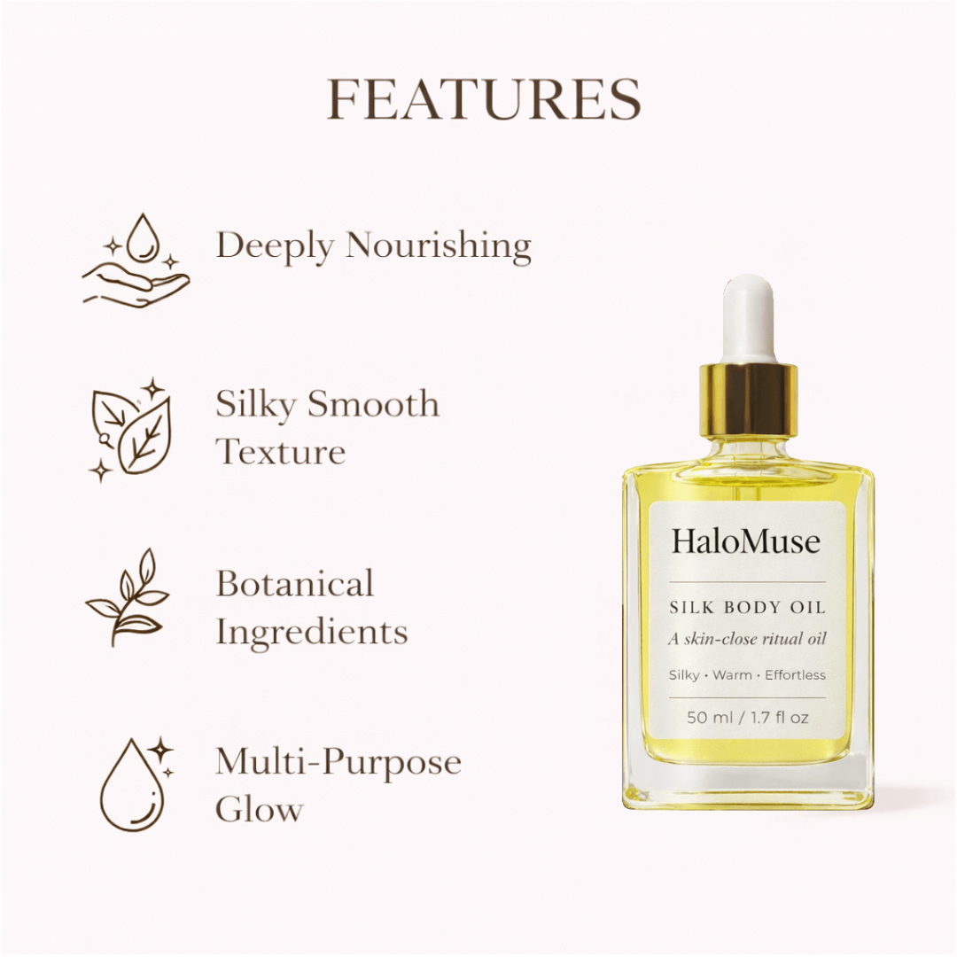 Silk body oil bottle with features listed on a white background