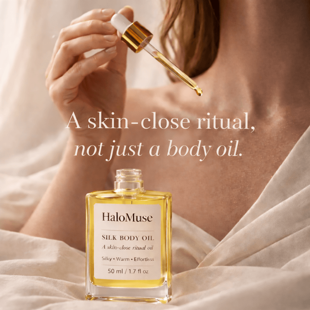 Silk Body Oil with dropper and text overlay on a soft background