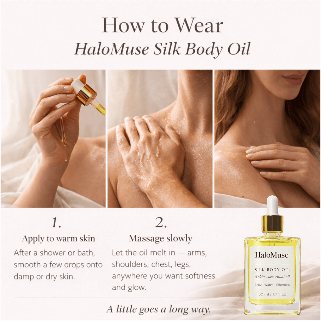 Instructions on how to use Silk Body Oil with close-up images of application.