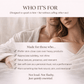 Couple embracing with text about Silk Body Oil target audience on a white background