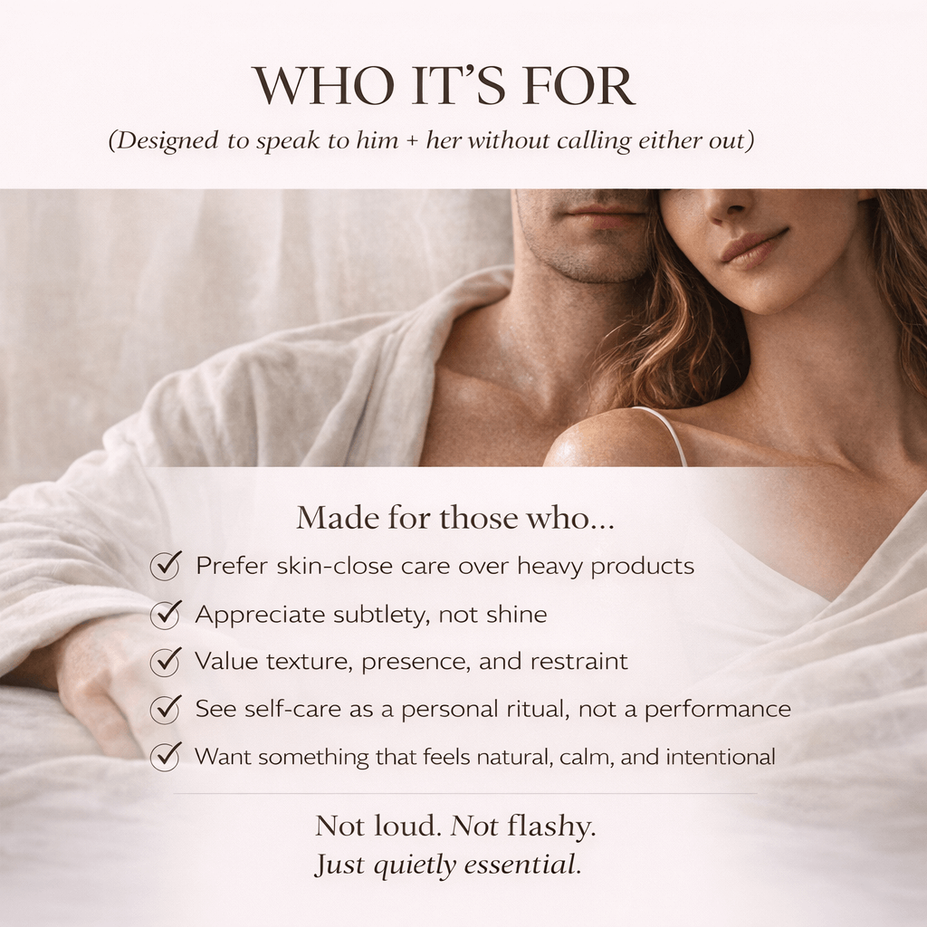 Couple embracing with text about Silk Body Oil target audience on a white background