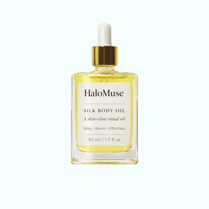 HaloMuse Silk Body Oil bottle on a white background