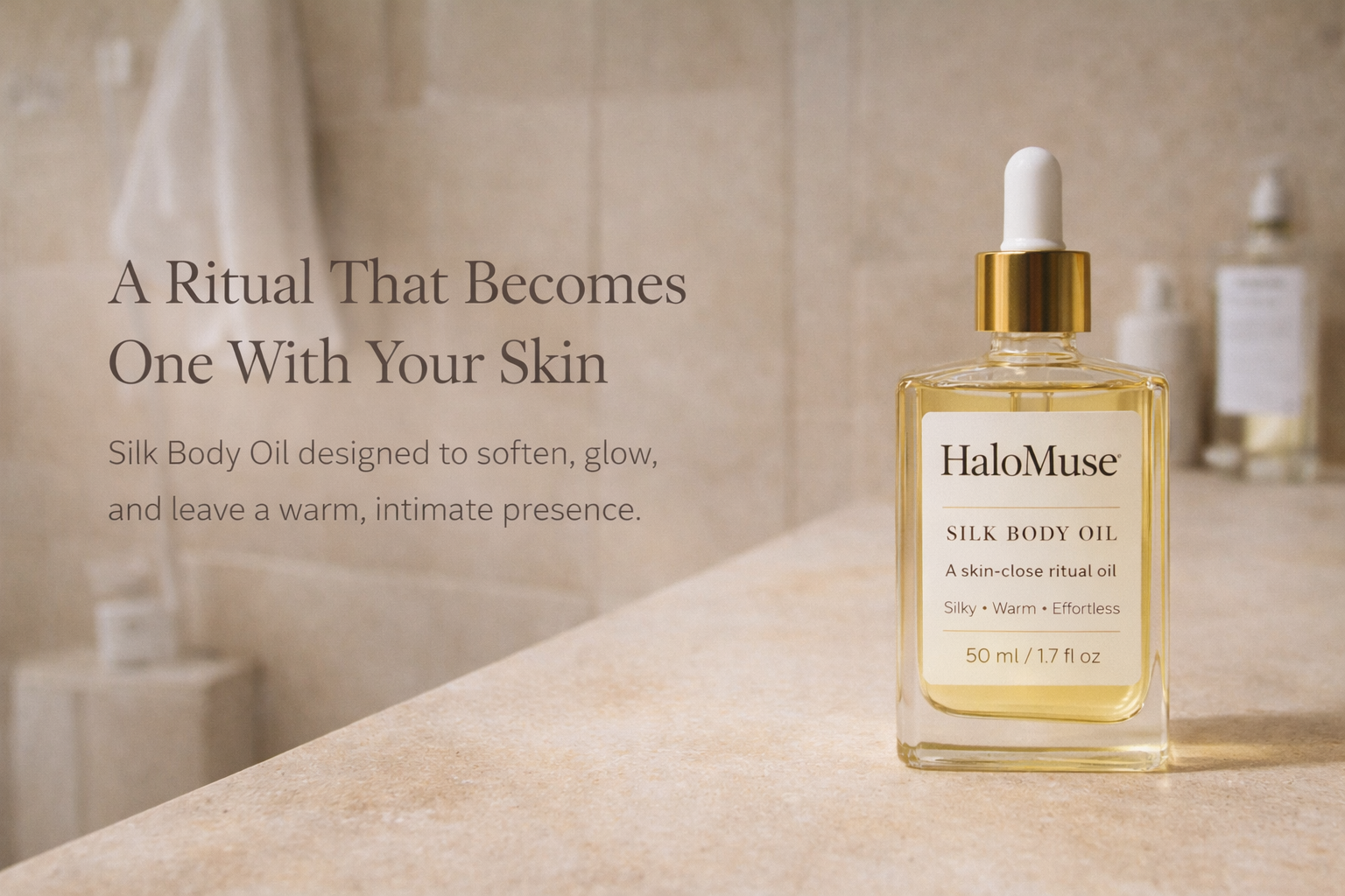 HaloMuse silk body oil bottle on a bathroom counter with text about the product.