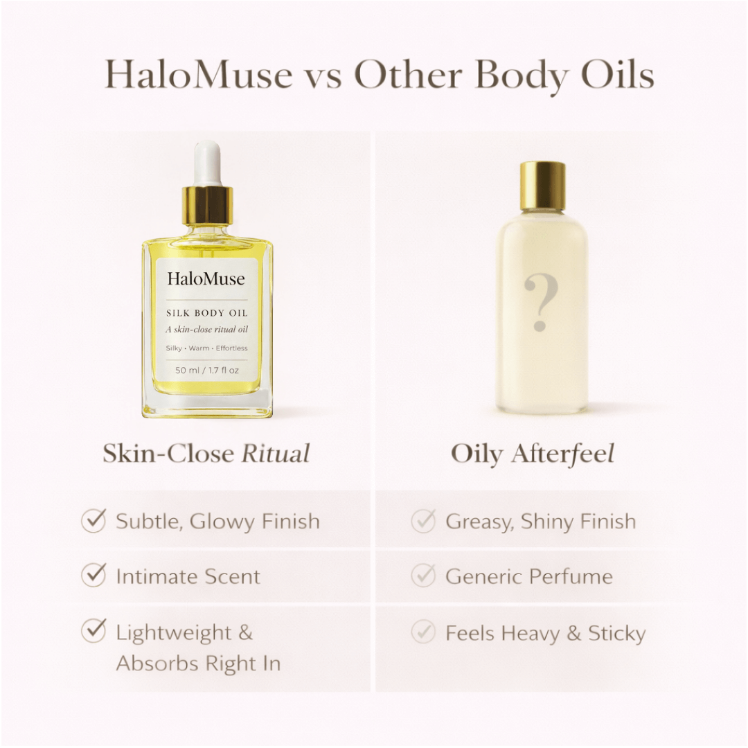 Comparison chart of HaloMuse body oil with another brand's product on a white background.