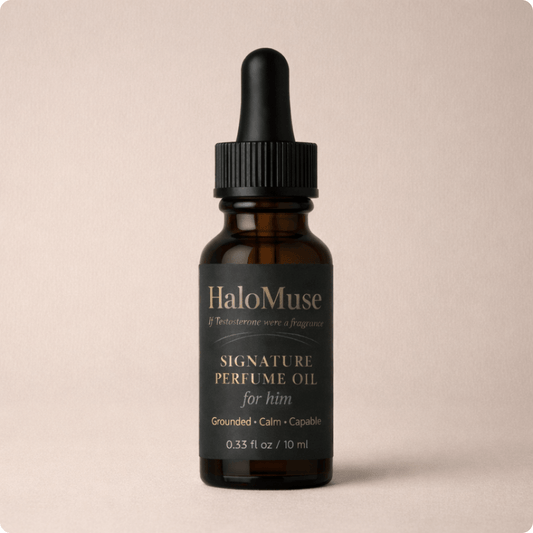 HaloMuse perfume oil for her bottle on a beige background