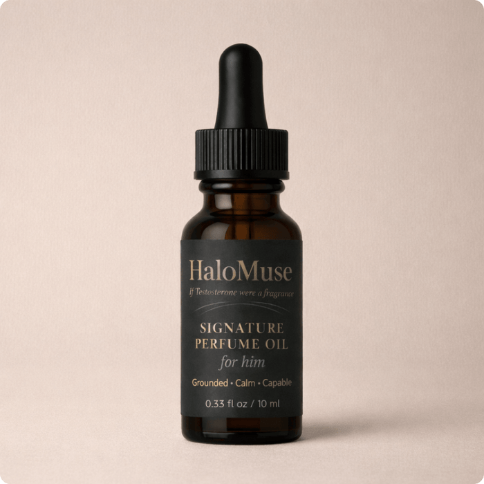 HaloMuse perfume oil for her bottle on a beige background