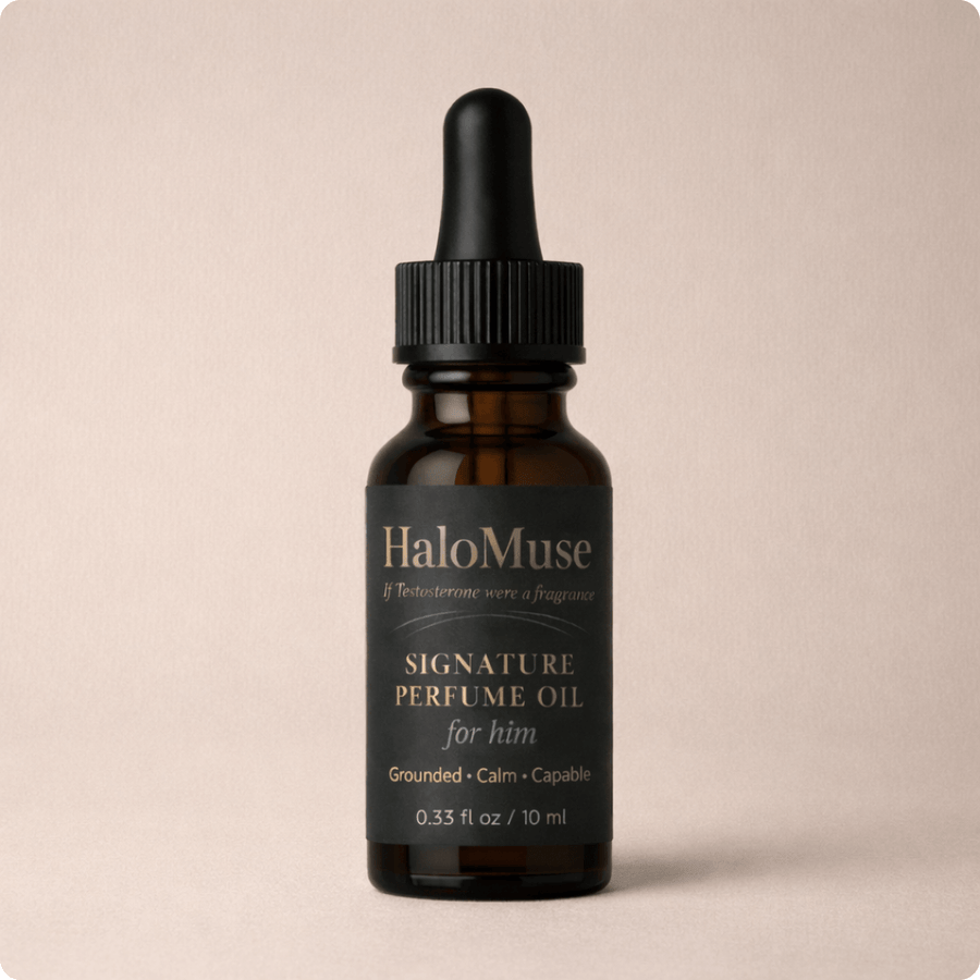 HaloMuse perfume oil for her bottle on a beige background