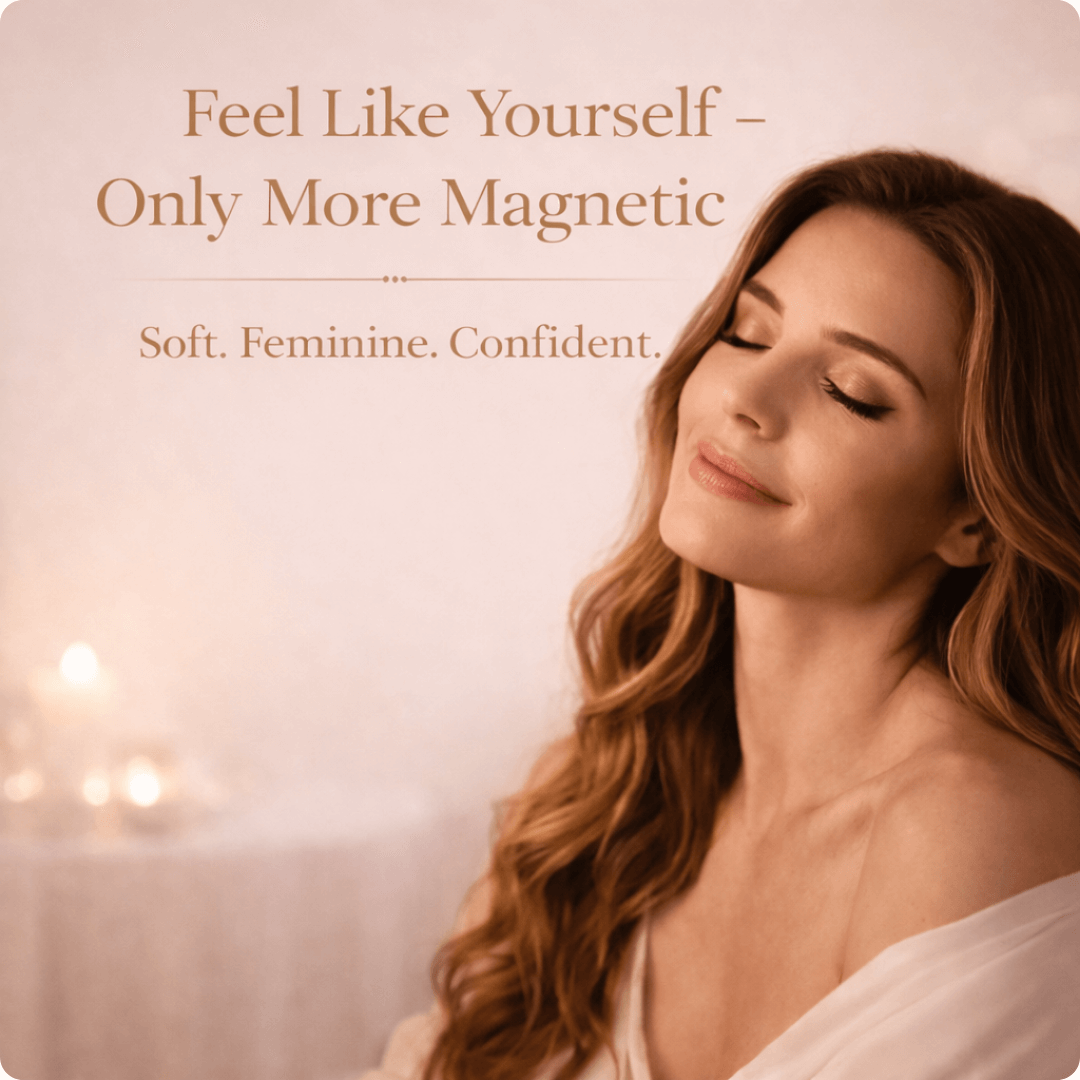 Woman with long hair and a soft expression against a warm-toned background with text about self-confidence.