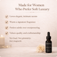 Perfume oil bottle with product description on a soft background