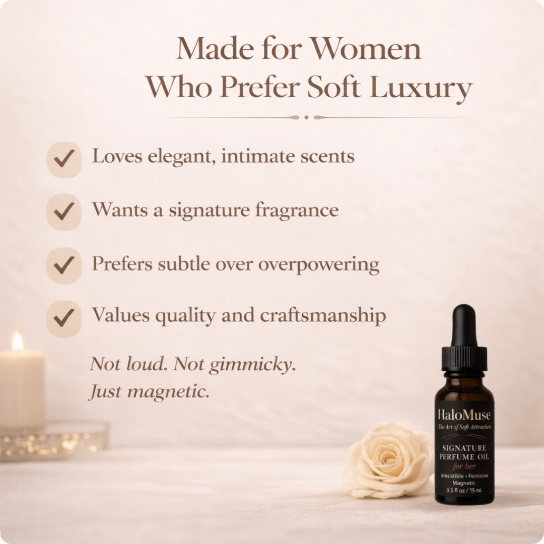 Perfume oil bottle with product description on a soft background
