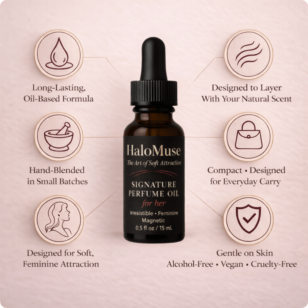 HaloMuse perfume oil for her bottle with features on a pink background
