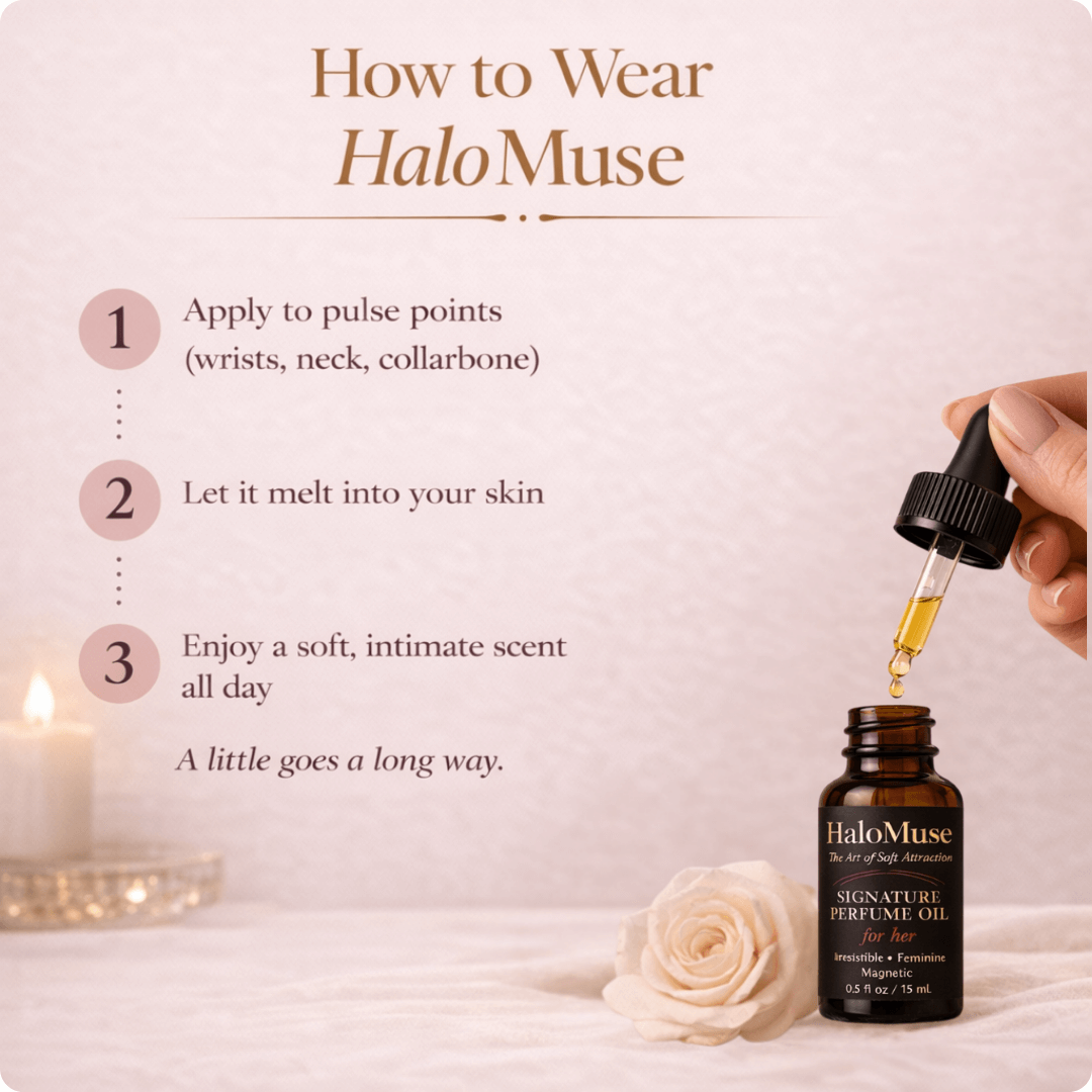 HaloMuse perfume oil with dropper and text on how to use it, featuring a candle and rose in the background.