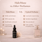 Comparison chart between HaloMuse perfume and typical perfumes on a soft pink background with candles and roses.