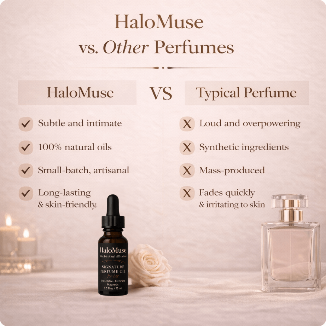 Comparison chart between HaloMuse perfume and typical perfumes on a soft pink background with candles and roses.