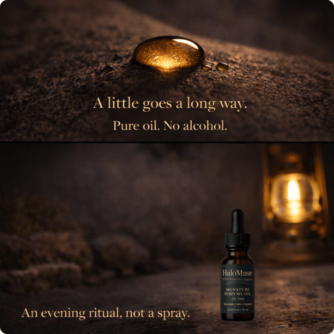 HaloMuse perfume oil dropper bottle with a drop of oil on textured surface and warm lighting.