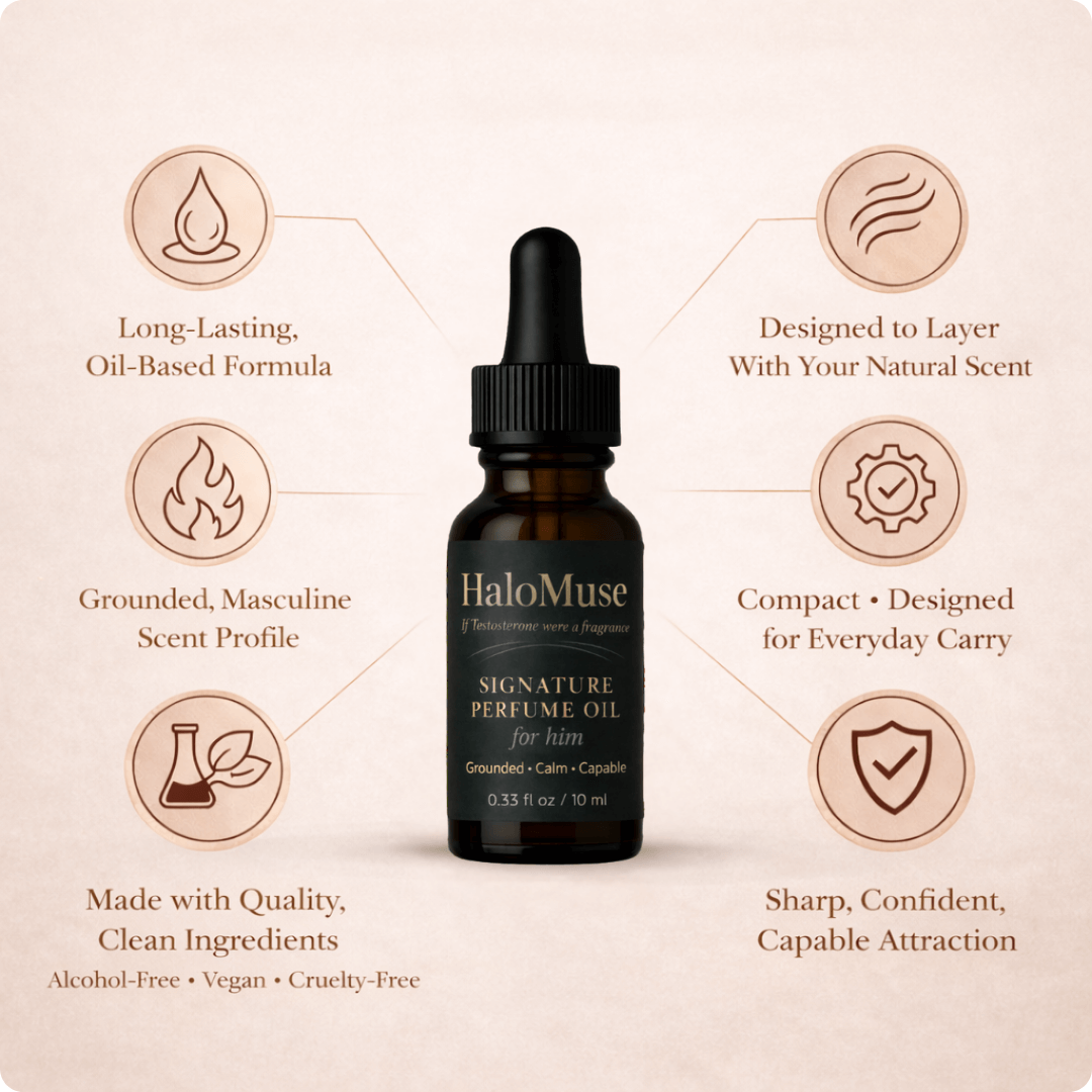 HaloMuse perfume oil bottle with features listed on a beige background