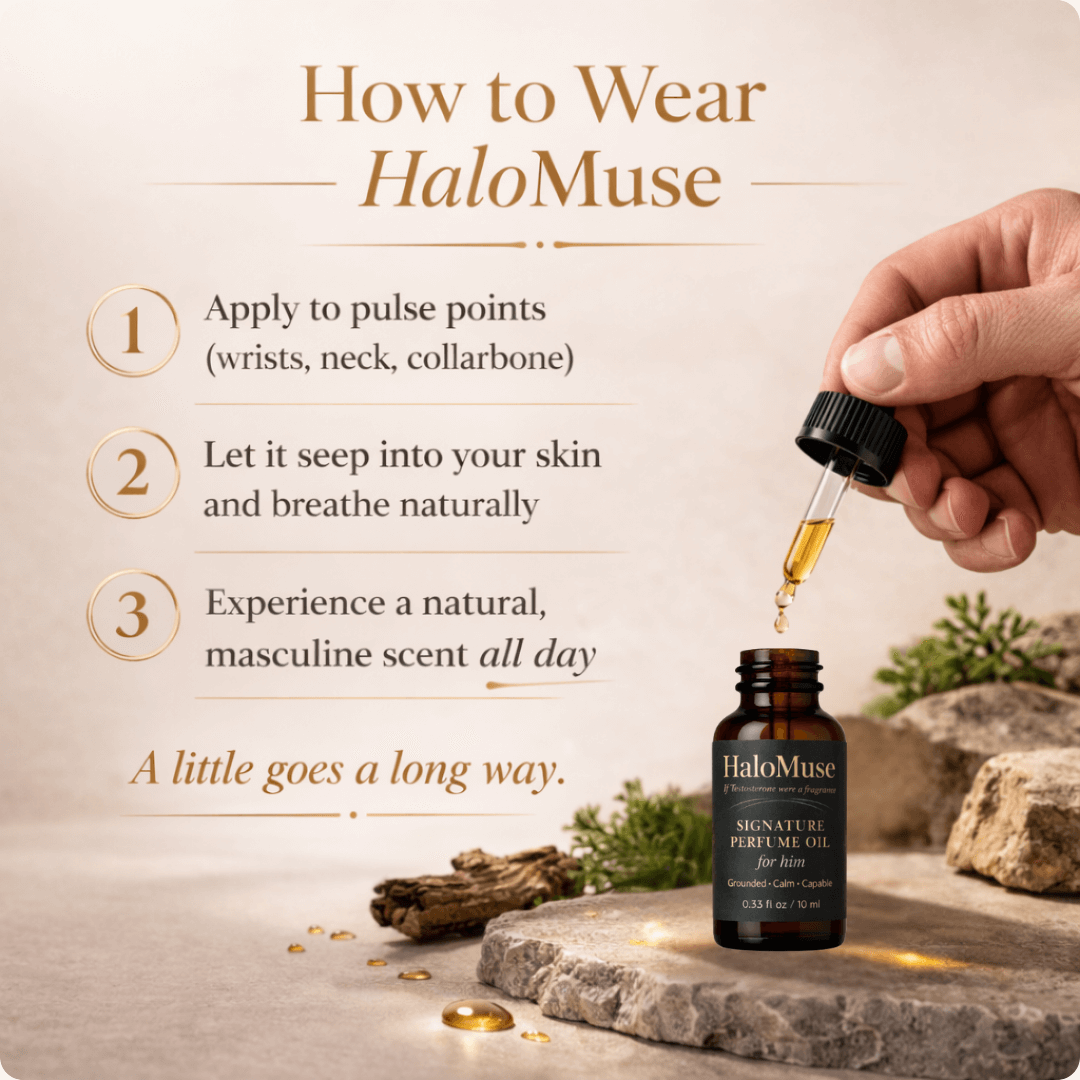 HaloMuse perfume oil bottle with dropper and usage instructions on a natural background