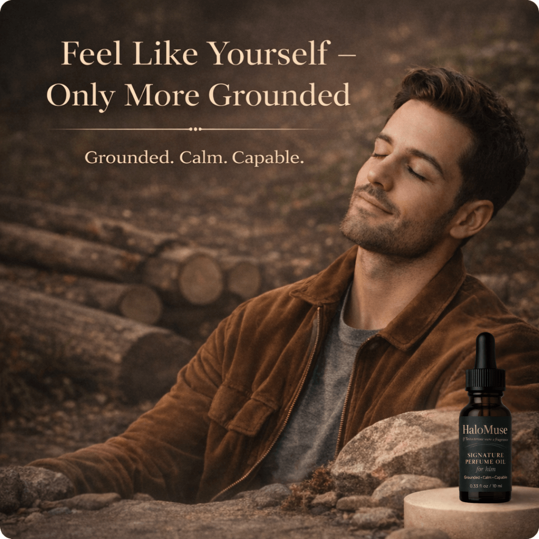 Man sitting outdoors with a bottle of HaloMuse product, surrounded by nature.