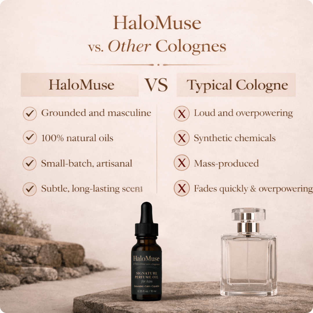 Comparison chart of HaloMuse cologne with other colognes on a neutral background.
