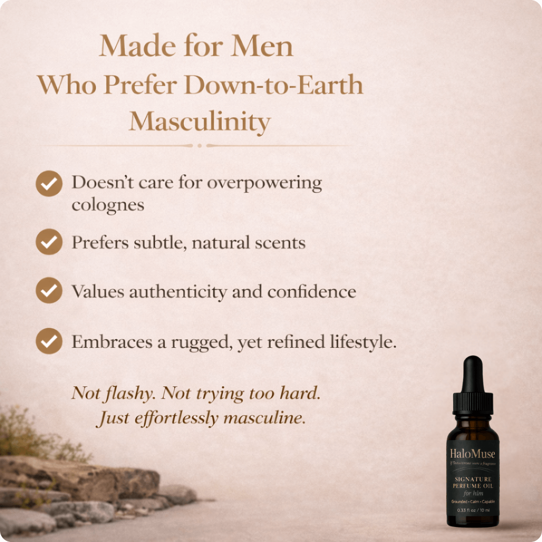 Perfume oil bottle with text about masculine fragrance preferences on a beige background